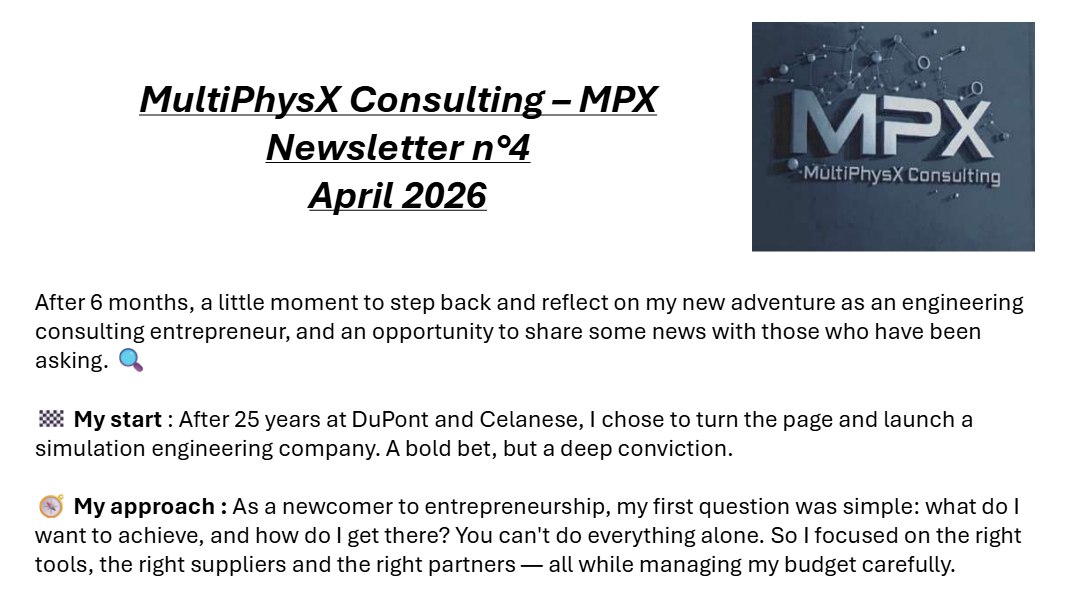 MultiPhysX Consulting newsletter no. 4, April 2026: beginning of the first page