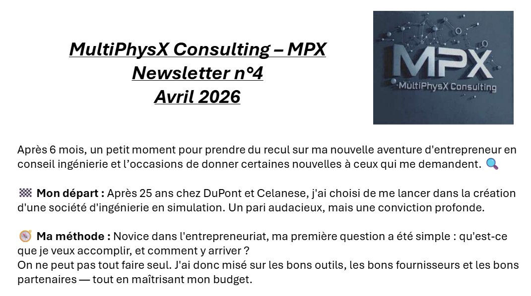Newsletter n°4 de MultiPhysX Consulting, avril 2026 : début de la première page