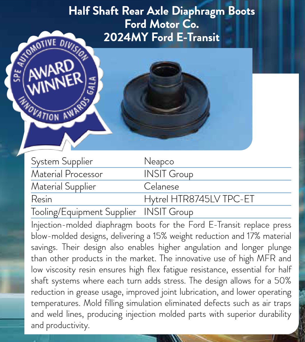 Soufflet de transmission injecté, SPE Automotive Innovation Award 2024